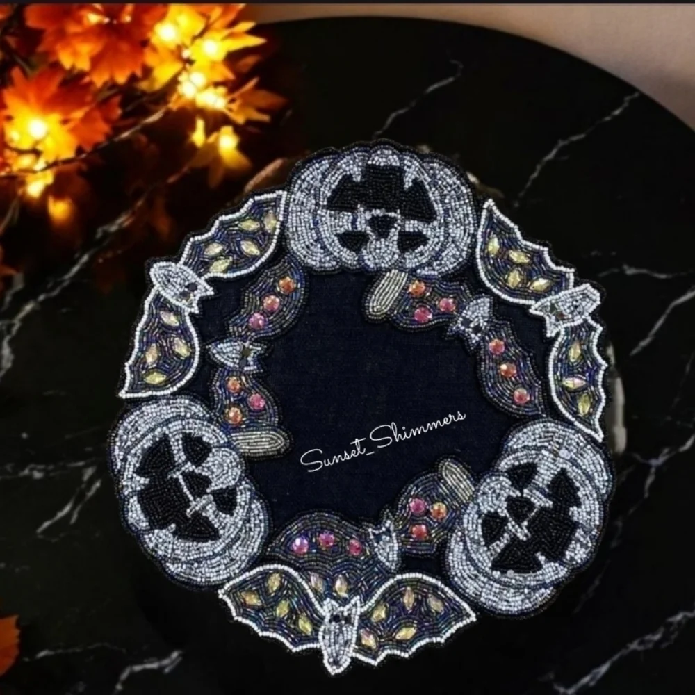 x4 Tahari Jack Pumpkin Bats Jeweled Beaded Jute Placemat Chargers Halloween New
